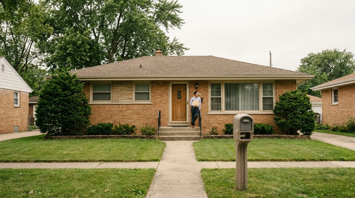 person holding folder standing on front steps of brick residential home