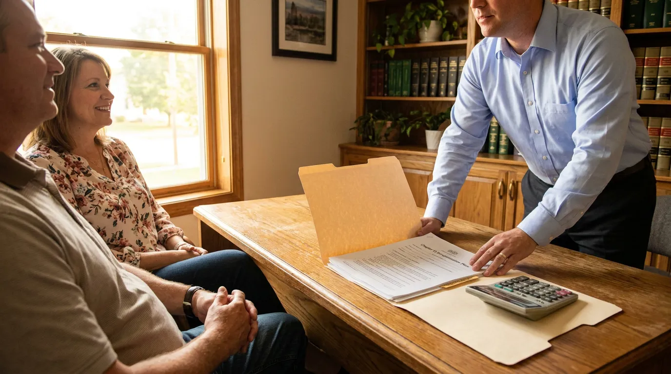 attorney presenting Chapter 13 reorganization plan documents to couple in law office