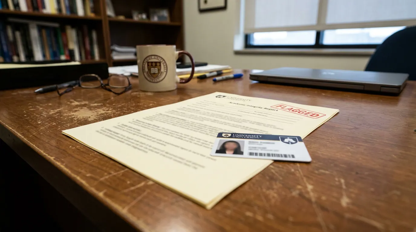 Flagged Academic Integrity Report Student ID Turnitin False Positive Academic Integrity Report stamped FLAGGED with student university ID card on desk