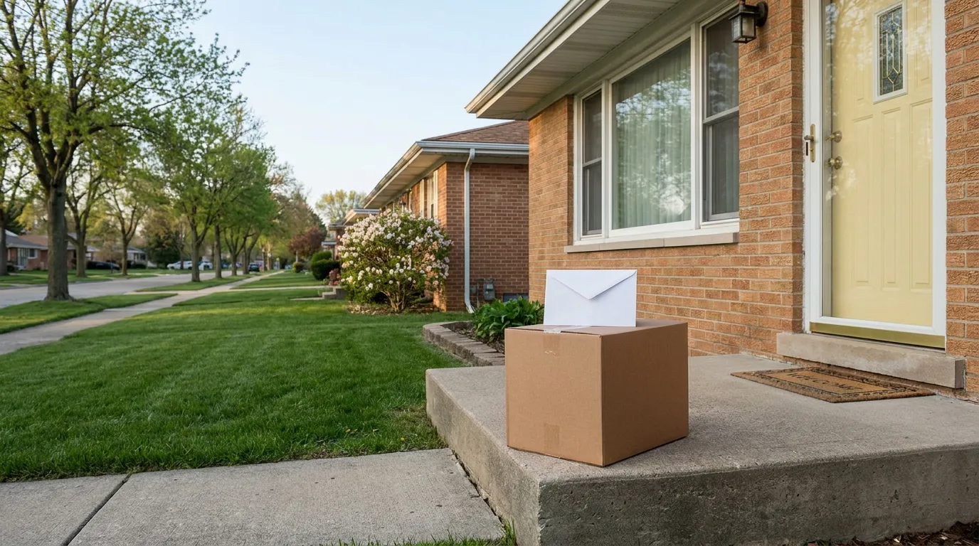 cardboard box and envelope delivered on residential front doorstep