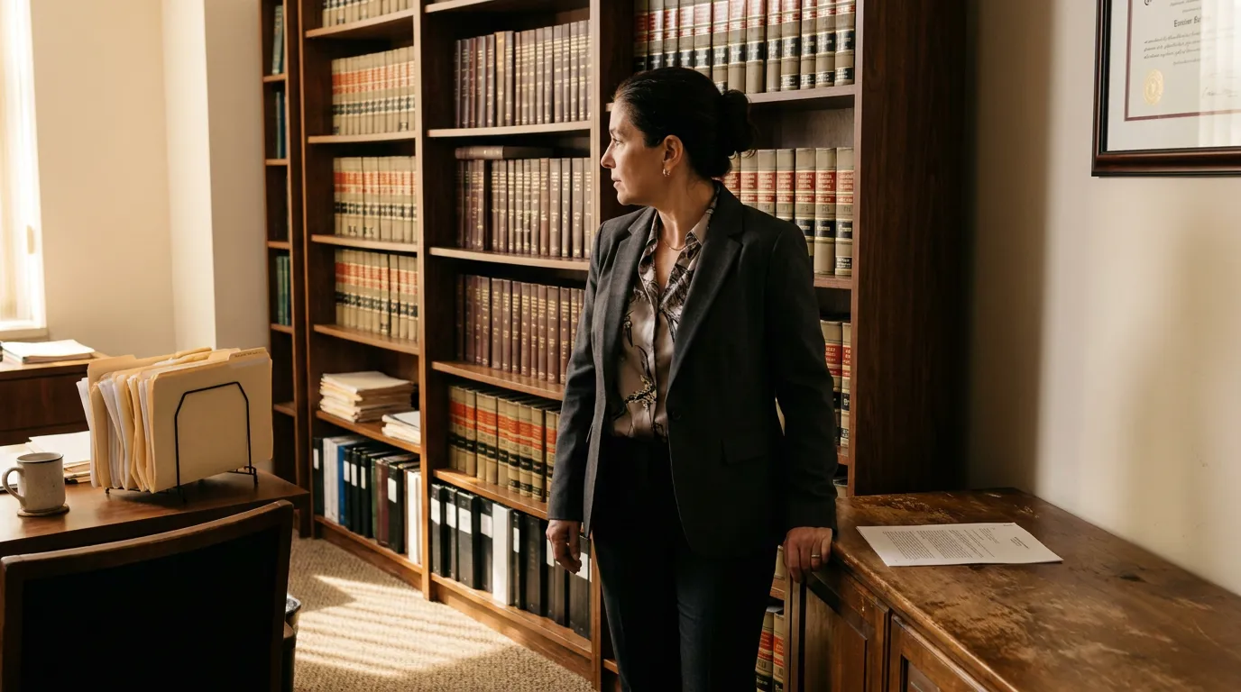 Buffalo Estate Planning Attorney Law Office female attorney standing in law office beside floor-to-ceiling legal bookshelves