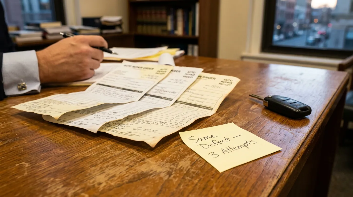 auto repair order documents, car key, and sticky note reading Same Defect 3 Attempts on desk