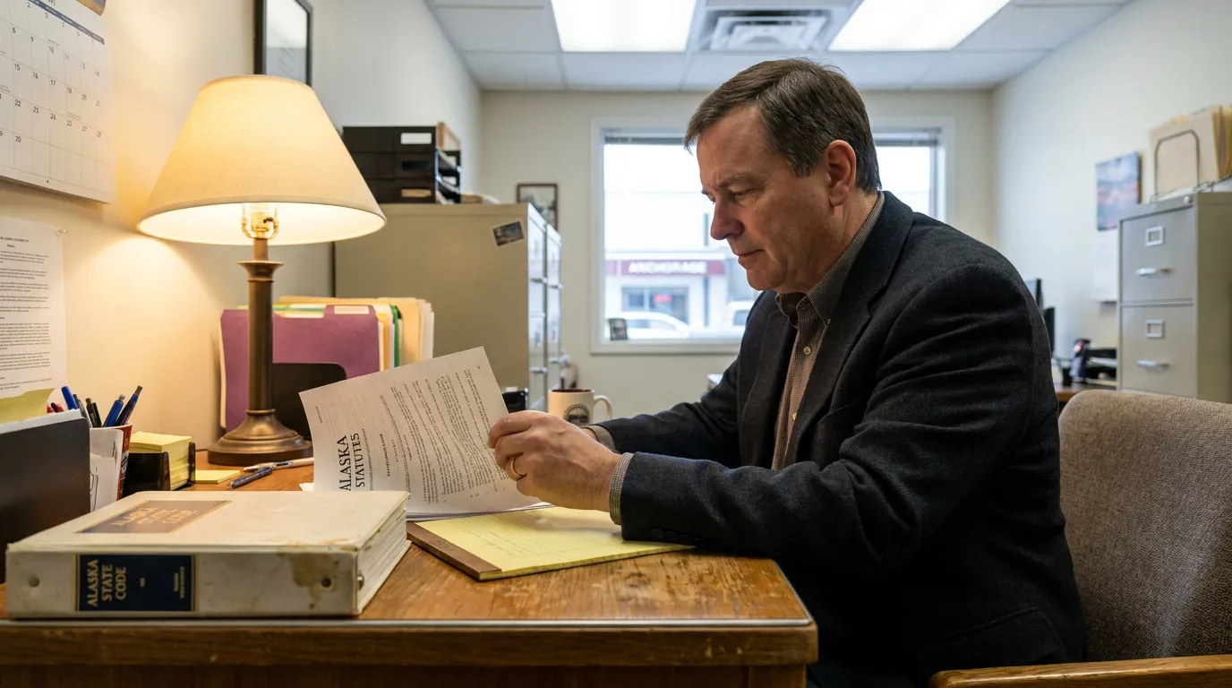 Anchorage Lawyer Reviewing Alaska Statutes Premises Liability Case attorney reviewing Alaska Statutes document at desk with Alaska State Code book