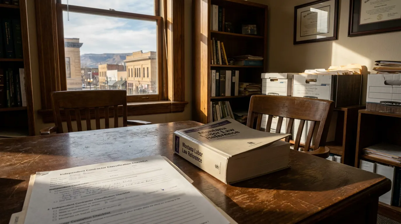 Montana Labor Law Reference book beside Independent Contractor Classification Checklist on office desk