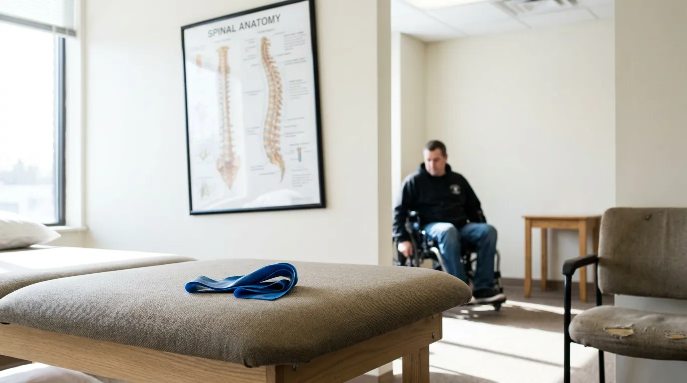 man in wheelchair in physical therapy room with Spinal Anatomy chart on wall