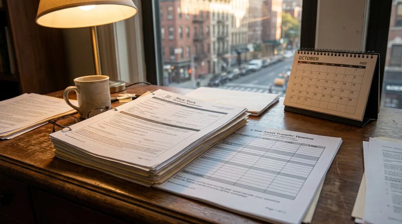New York legal documents and 5 Year Asset Transfer Timeline worksheet on desk beside October 2023 calendar