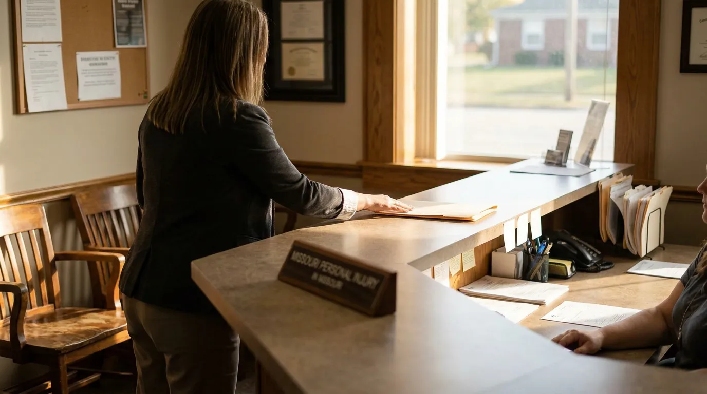 woman placing folder on law firm reception desk with Missouri Personal Injury nameplate