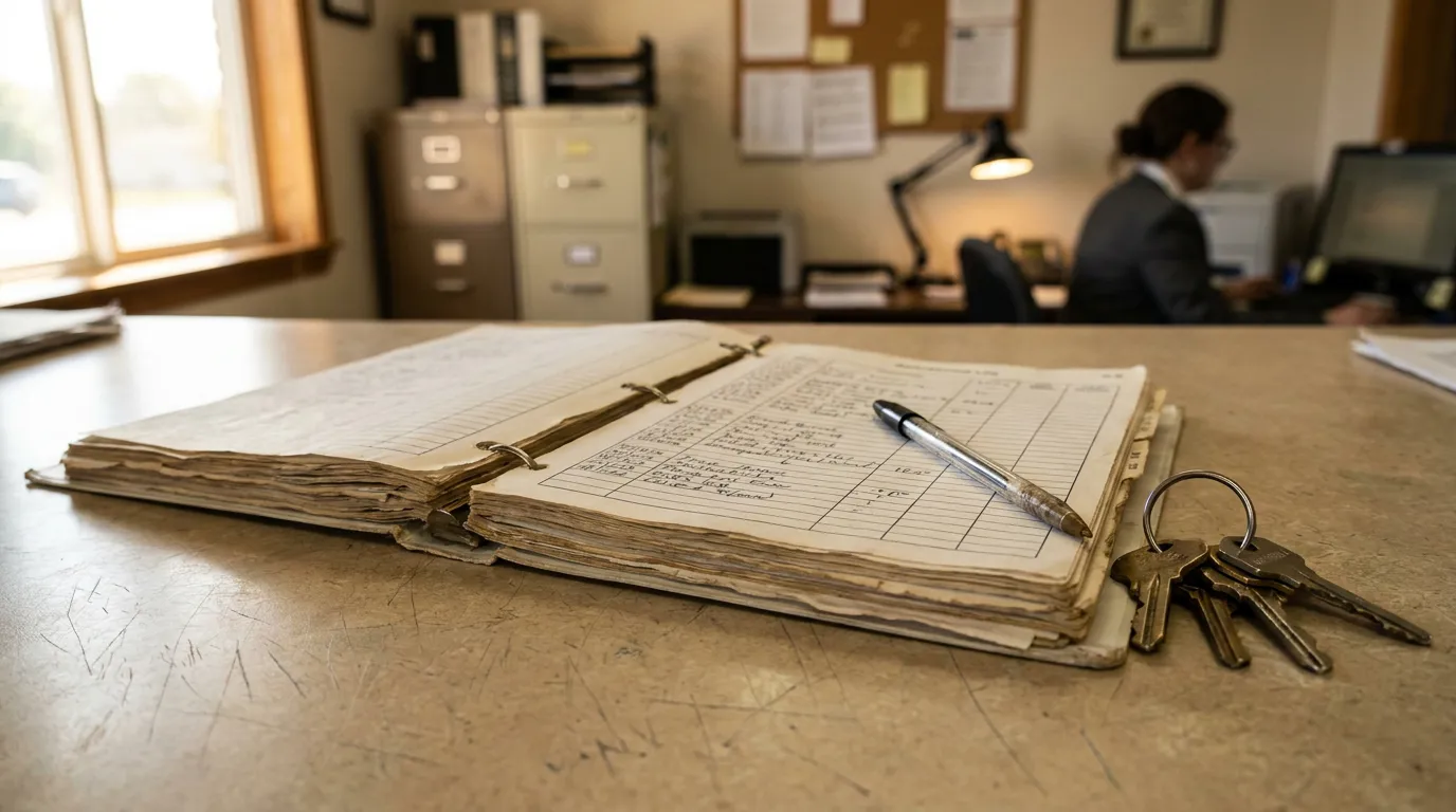 Property Manager Records Constructive Notice New York Premises Liability worn binder with handwritten ledger, pen, and keys on office counter