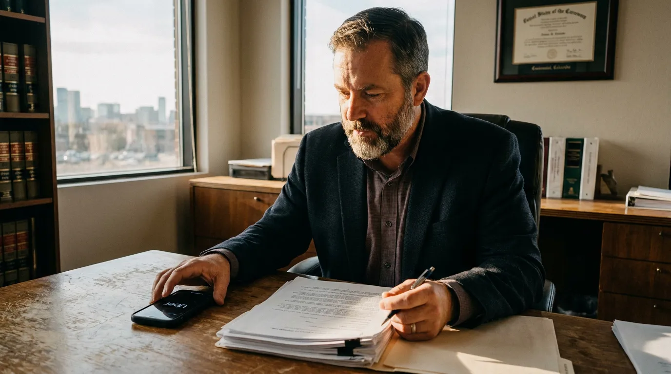 Centennial Injury Lawyer Reviewing Uber Arbitration Clause Documents attorney reviewing legal documents beside Uber app phone in law office