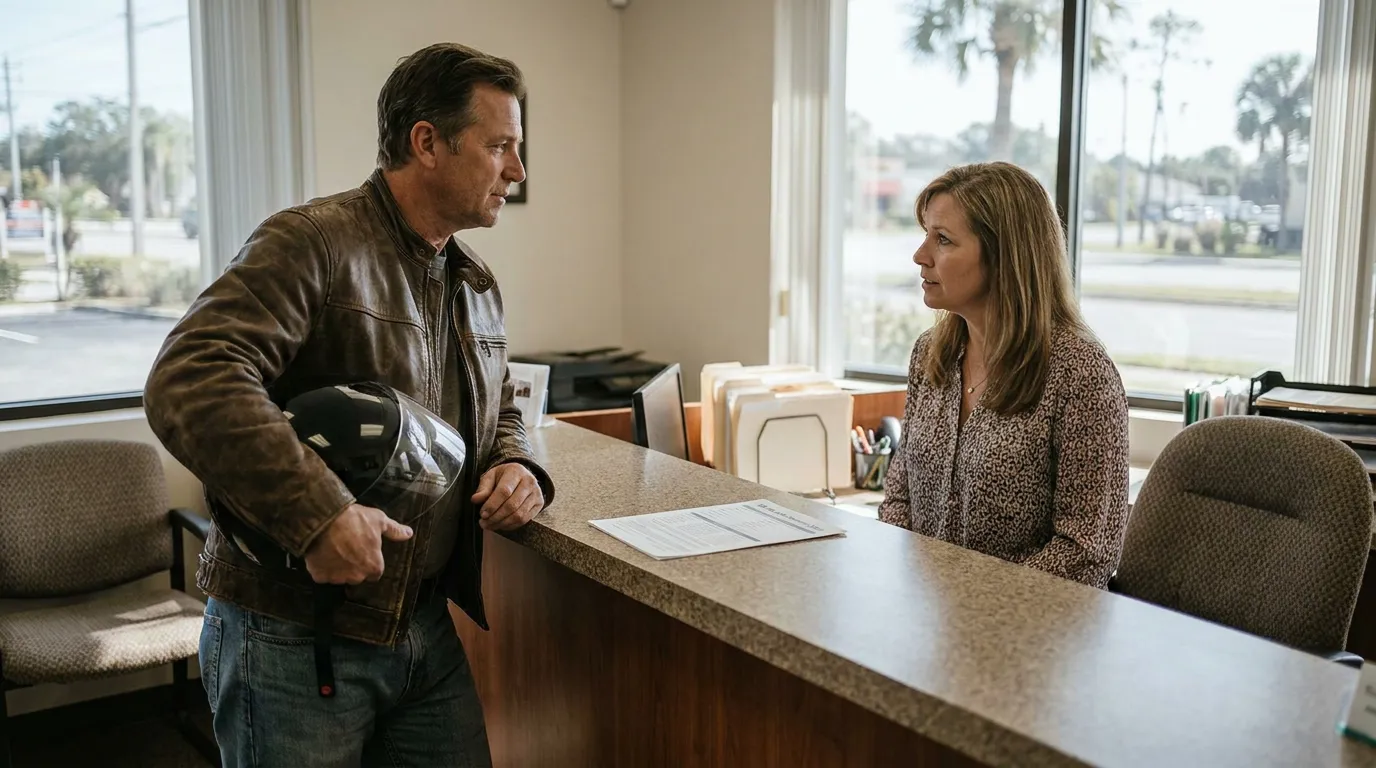Fort Lauderdale Rider Discussing Florida Helmet Exemption Insurance Requirements motorcyclist holding helmet speaking with receptionist at office front desk