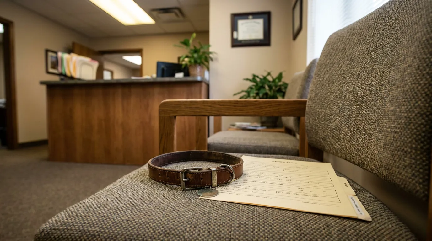 Henderson Dog Bite Claim Intake Form and Dog Collar leather dog collar and intake form resting on waiting room chair in law office