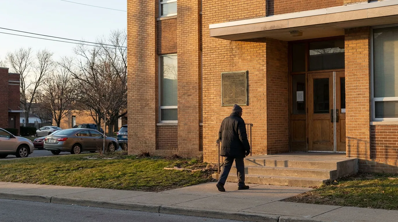 elderly person using cane walking toward brick building entrance with mounted plaque