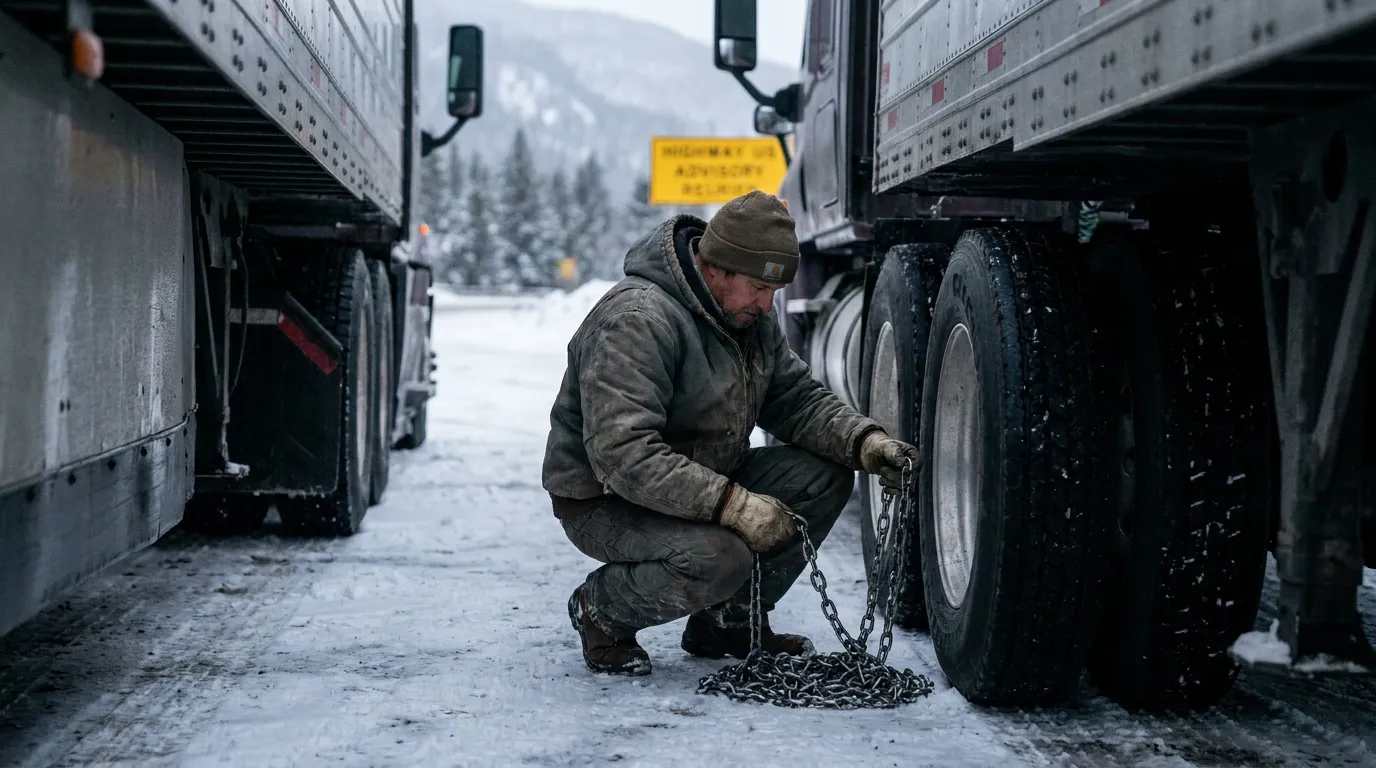 Truck Driver Installing Tire Chains on Snowy Colorado Road truck driver installing tire chains between two semi-trucks on snowy highway