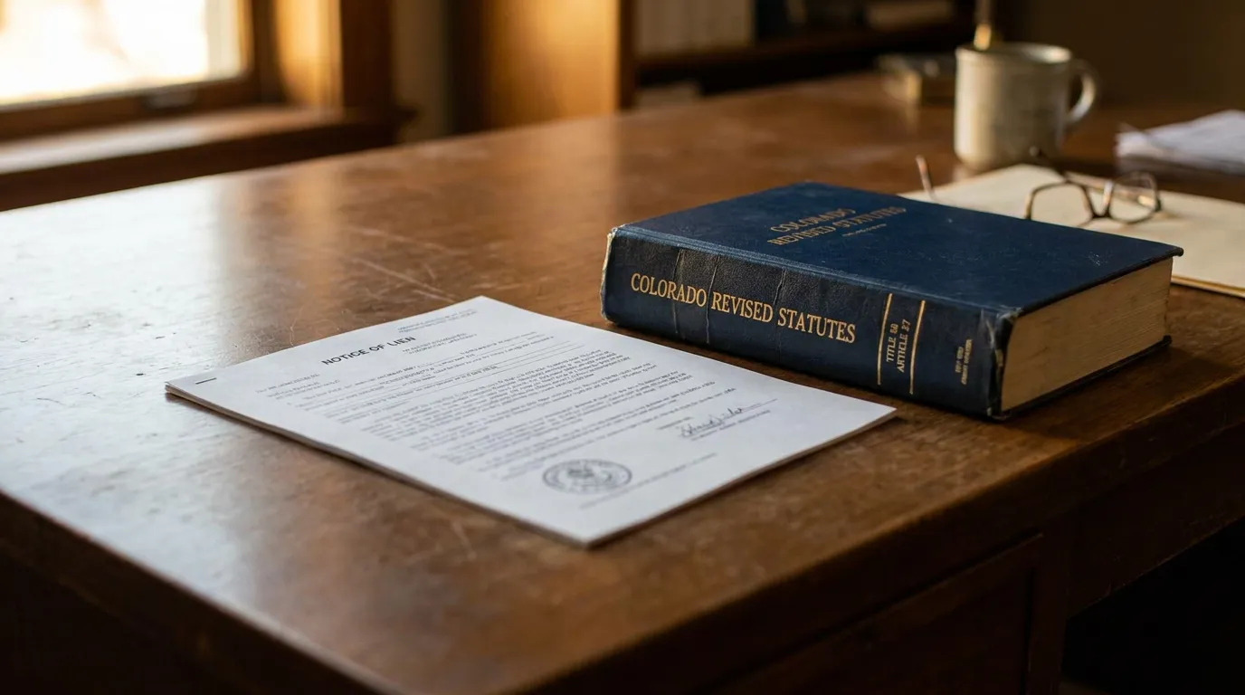 Colorado Revised Statutes Book With Hospital Lien Notice Document Notice of Lien document beside Colorado Revised Statutes book on wooden desk