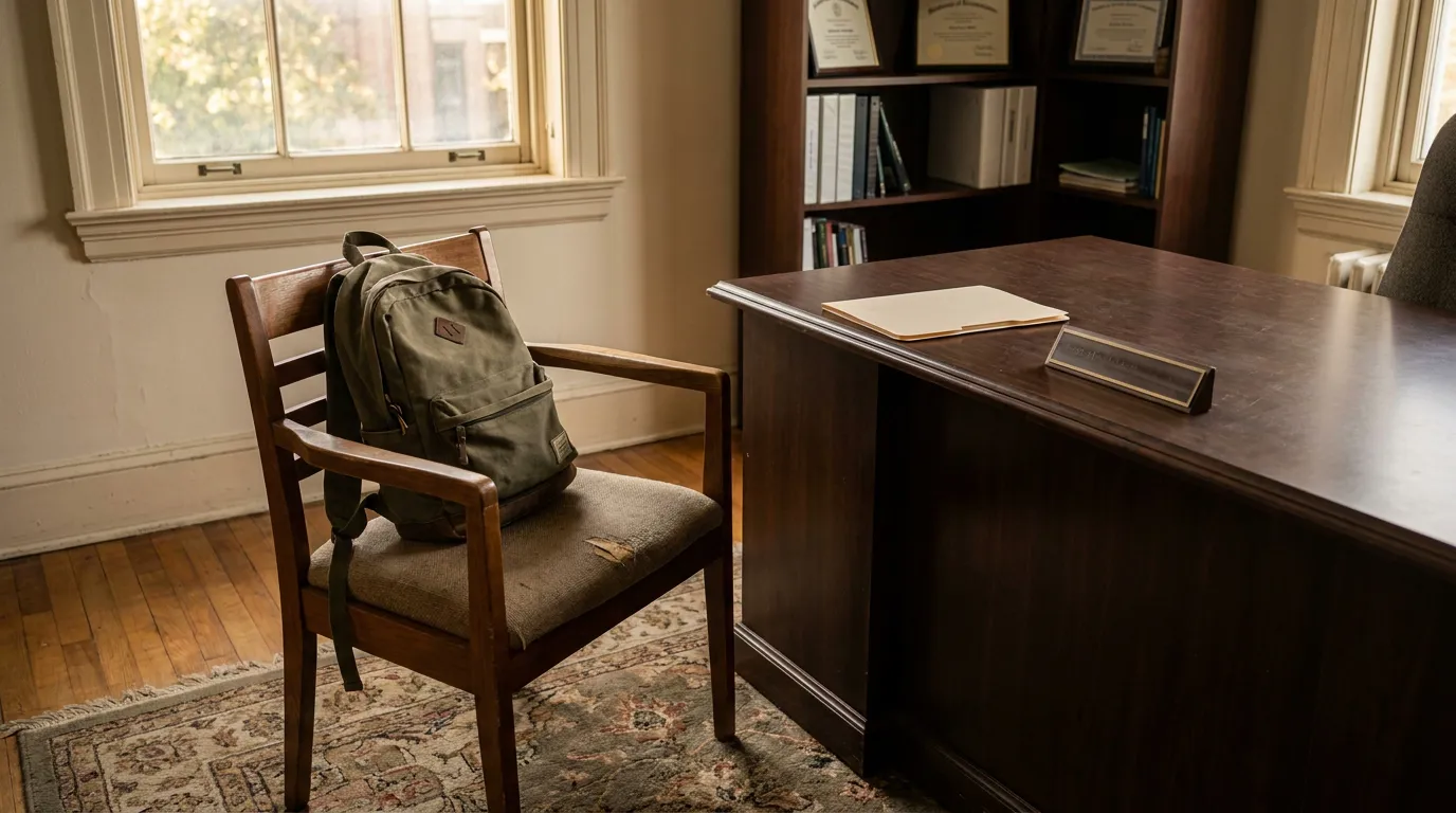 Student Backpack in College Disciplinary Office backpack on wooden chair beside attorney desk with framed certificates on bookshelf