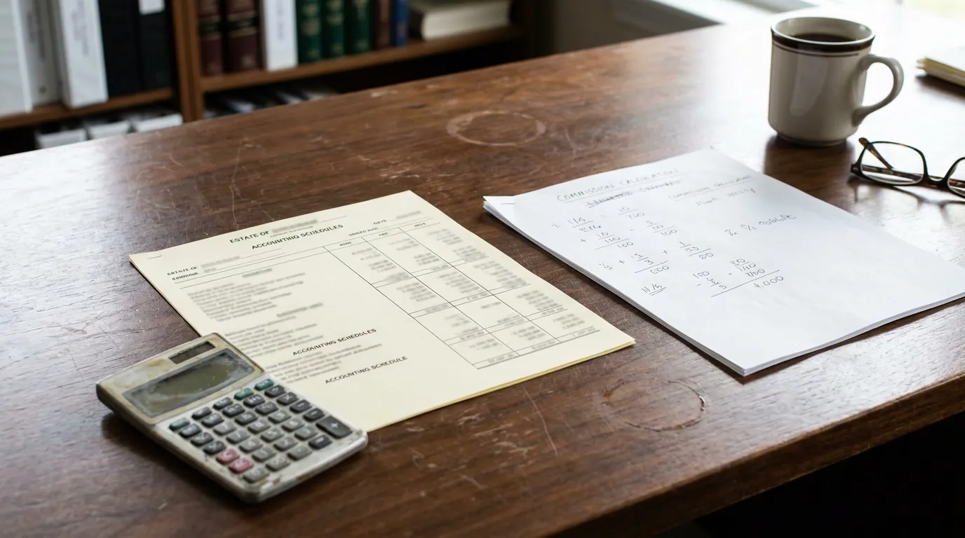 New York Executor Commission Calculation Accounting Schedule Estate accounting schedules document and calculator on wooden desk with handwritten commission calculations