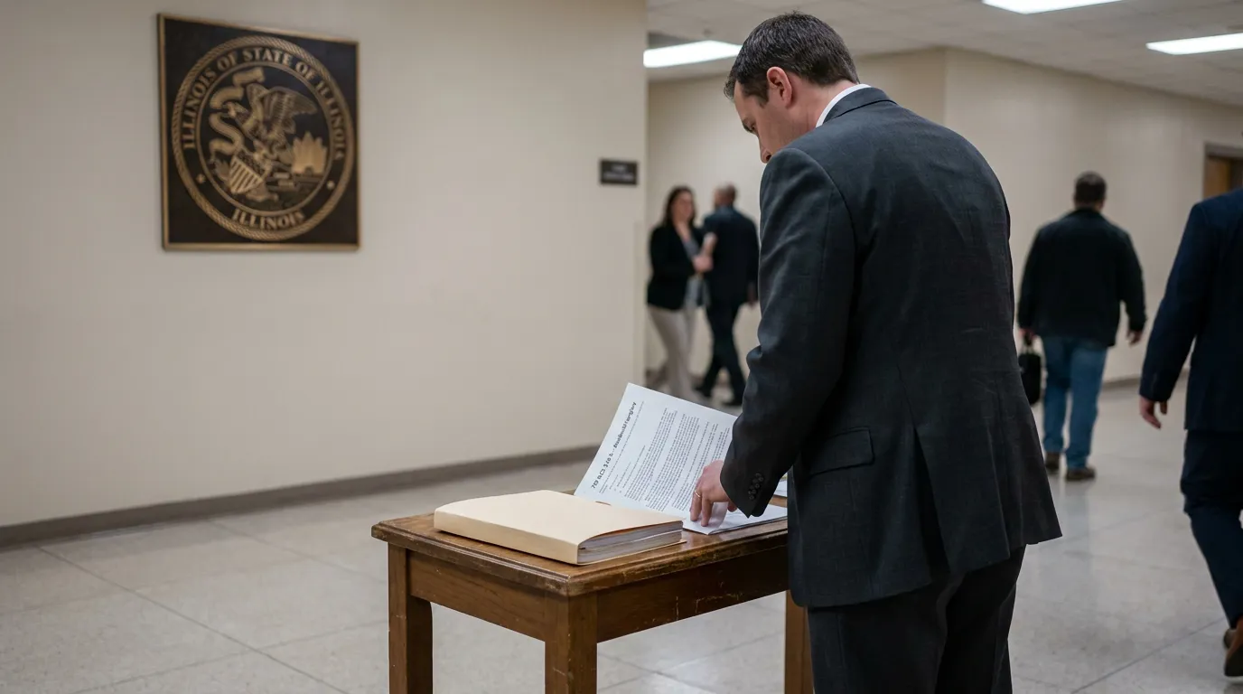 Illinois Defense Attorney Reviewing Residential Burglary Statute suited attorney reviewing legal documents in Illinois State courthouse hallway