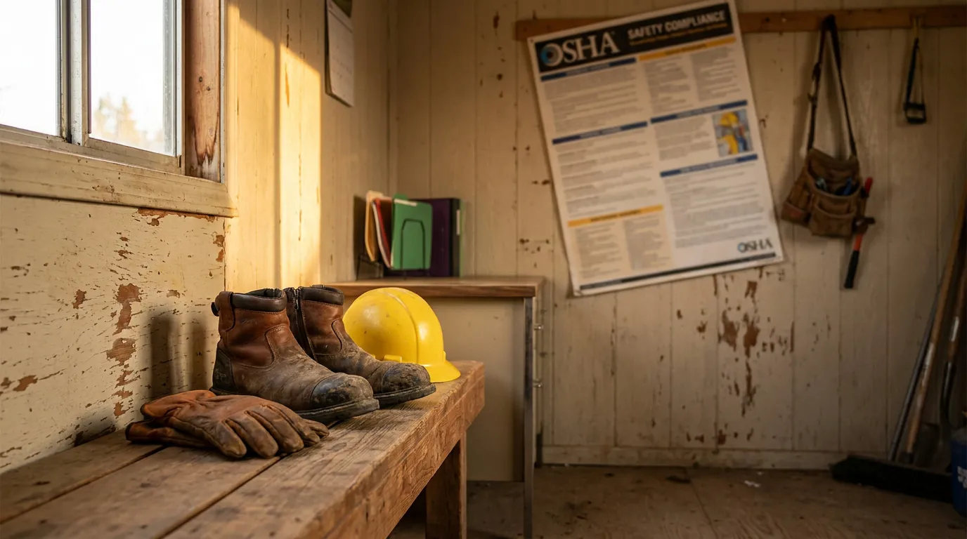 New York Construction Worker Safety Gear OSHA Compliance work boots, hard hat, and gloves on bench beside OSHA Safety Compliance poster