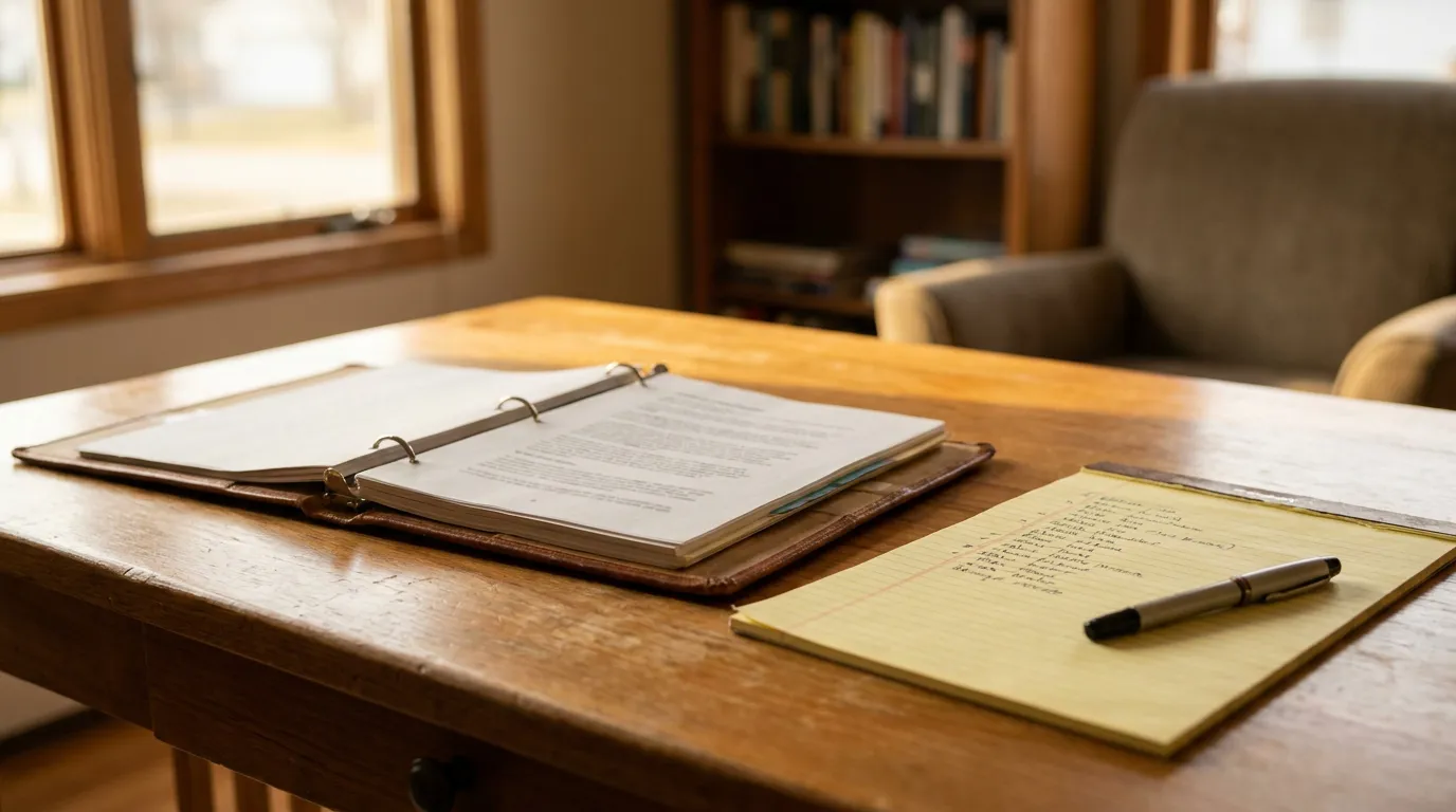 open binder with legal documents beside handwritten notes and pen on wooden desk