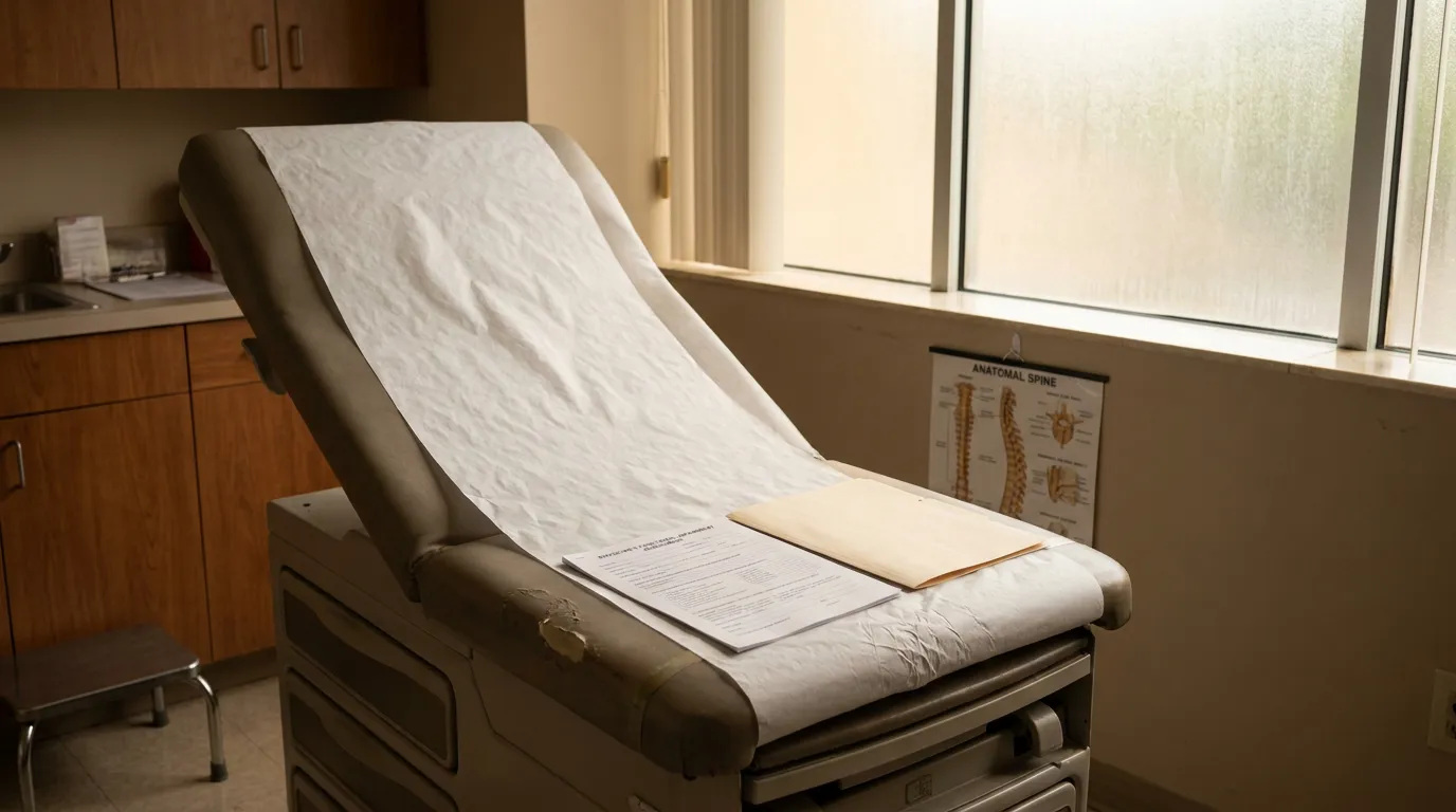 Fort Lauderdale Car Accident Permanent Injury Medical Exam Room medical examination table with paper cover, documents, and anatomical spine chart