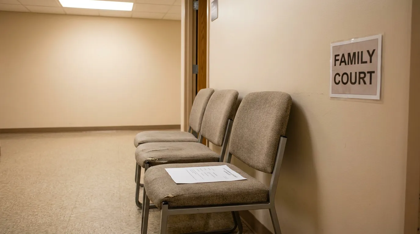 Albany Family Court Waiting Area Family Offense ACD Family Court sign on wall beside empty waiting room chairs with document
