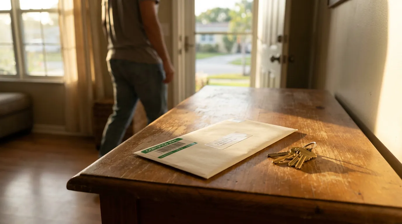 Fort Lauderdale Medical Malpractice Presuit Notice Certified Mail certified mail envelope and house keys on wooden table near open front door