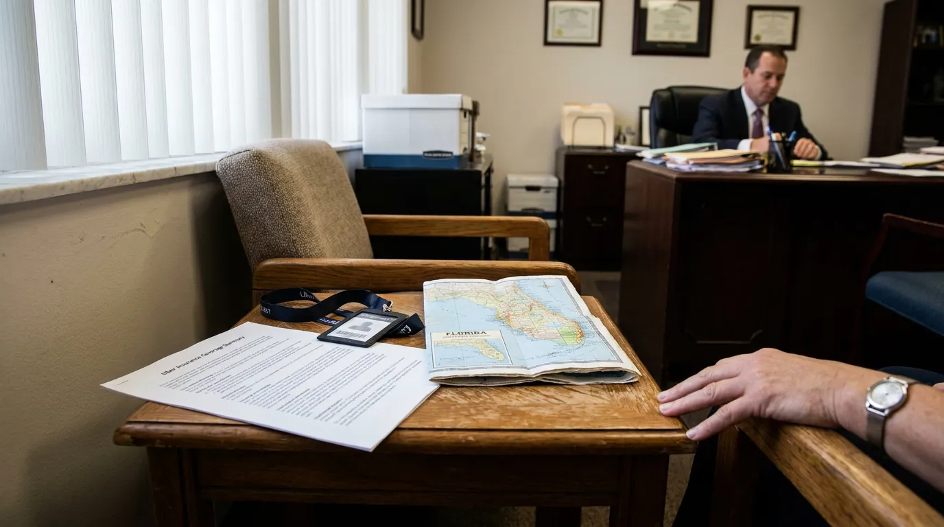 Fort Lauderdale Uber Accident Lawyer Reviewing Insurance Coverage Uber Insurance Coverage Summary document and Florida map on table in attorney office