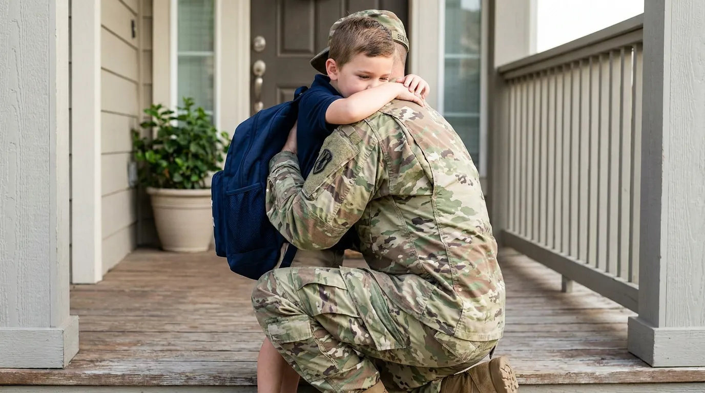 military service member in camouflage uniform embracing young child wearing backpack on porch