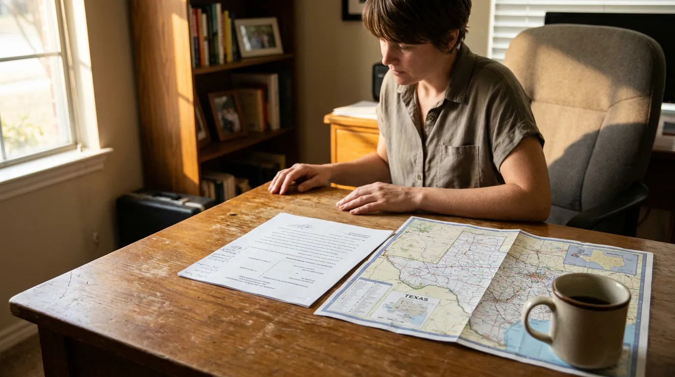 person seated at wooden desk reviewing legal document beside Texas map