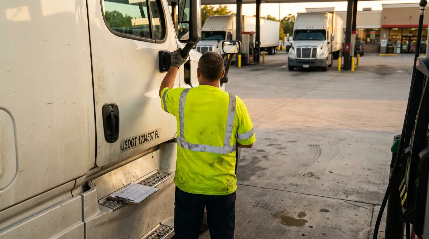 Fort Lauderdale Commercial Truck Driver USDOT FMCSA Compliance truck driver in safety vest beside USDOT-labeled semi-truck at commercial fuel stop