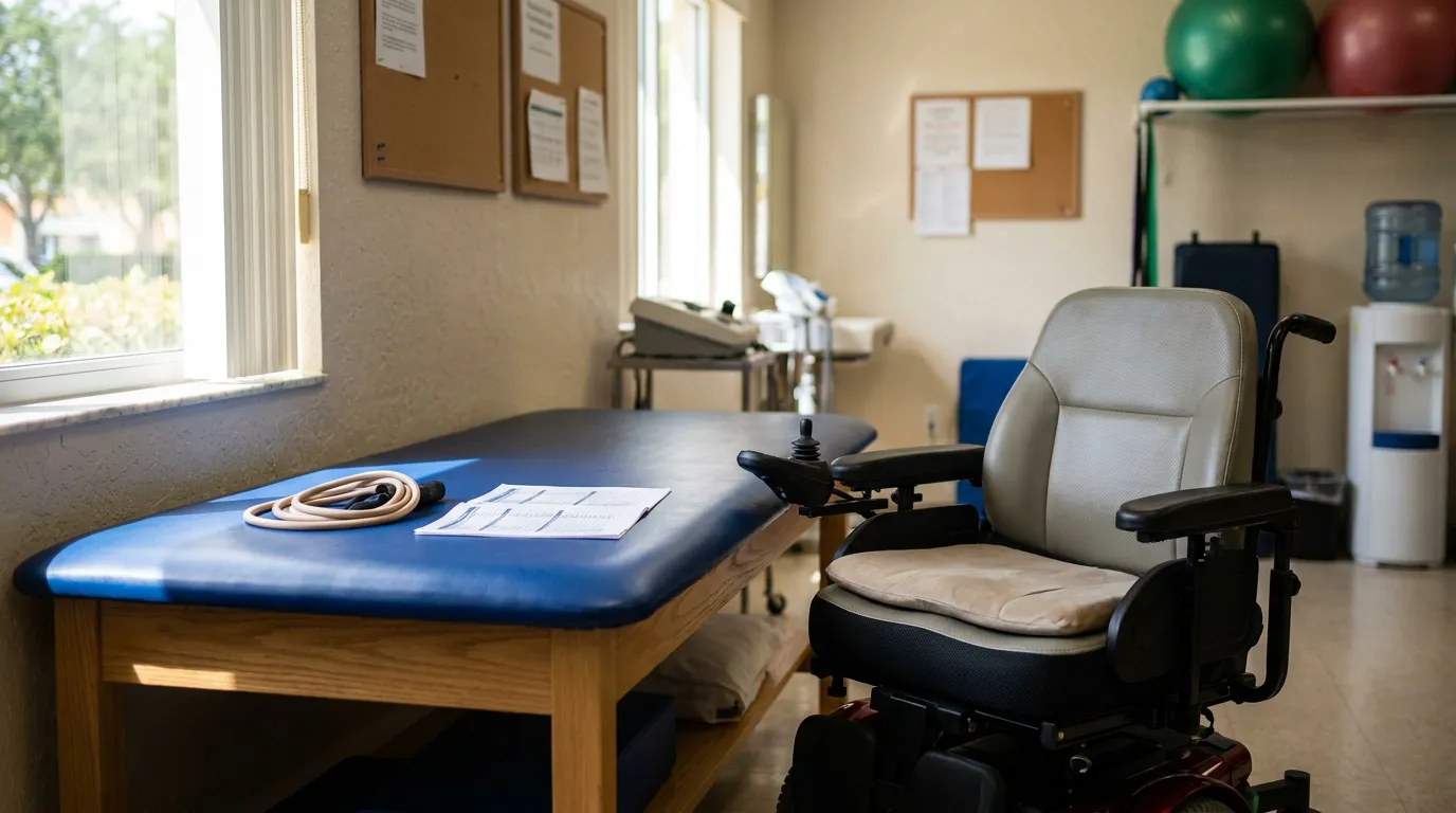 Spinal Cord Injury Life Care Plan Fort Lauderdale Rehab Room motorized wheelchair beside padded treatment table in physical therapy clinic