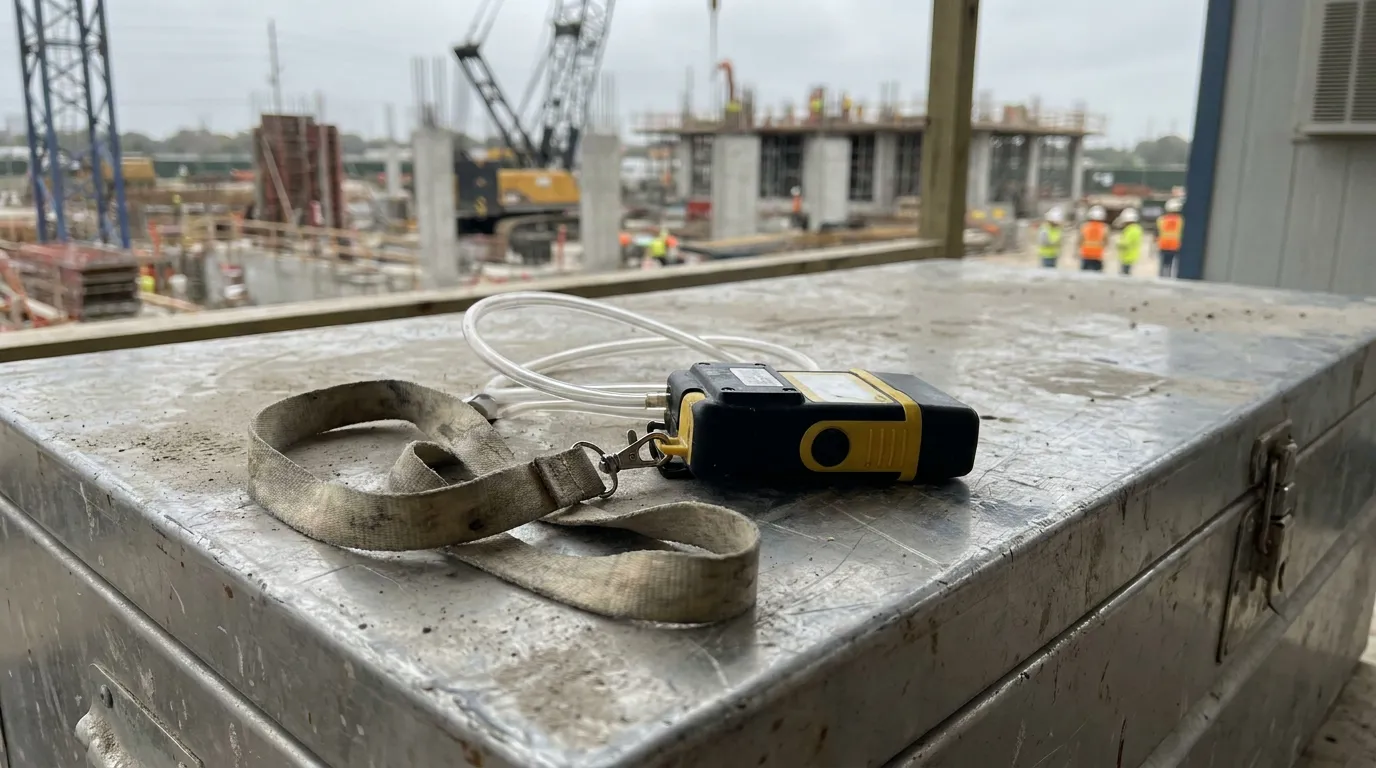 portable gas detector with tubing and lanyard resting on metal case at construction site