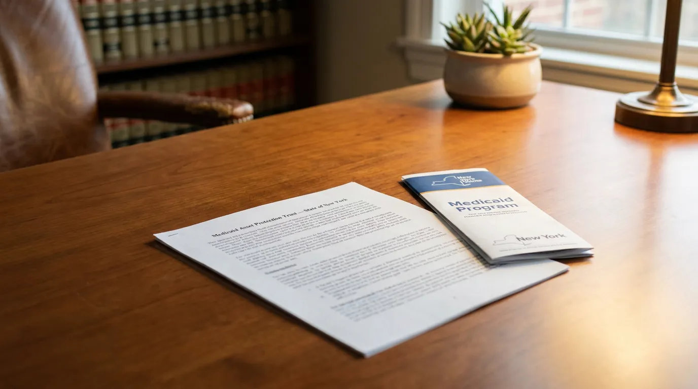 Medicaid Asset Protection Trust Documents Buffalo New York Attorney Medicaid Asset Protection Trust document and New York Medicaid Program brochure on law office desk