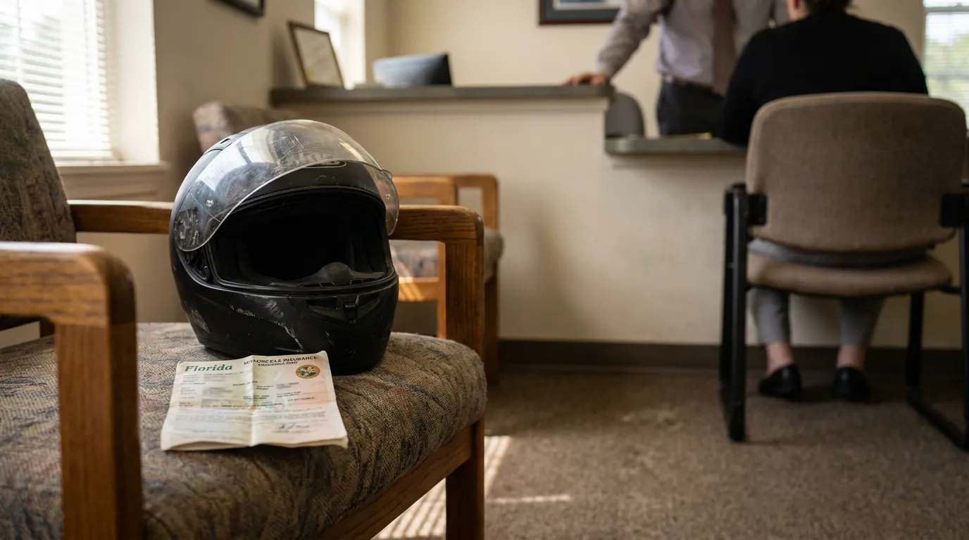 Fort Lauderdale Motorcycle Helmet Florida Insurance Claim Office motorcycle helmet and Florida motorcycle insurance document on waiting room chair