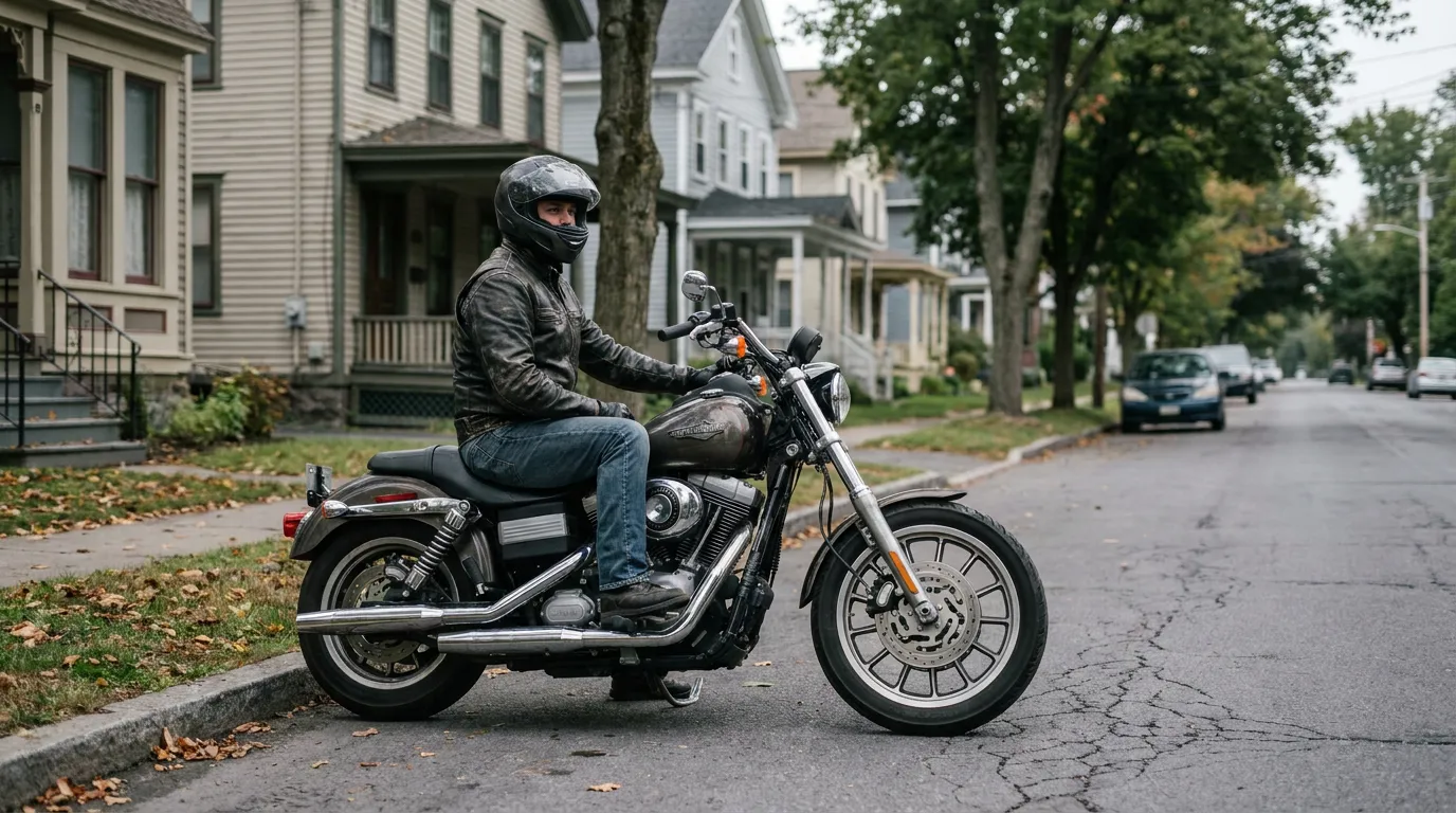 Helmeted Motorcycle Rider on Saratoga Springs Street helmeted motorcyclist on Harley-Davidson cruiser stopped on residential street