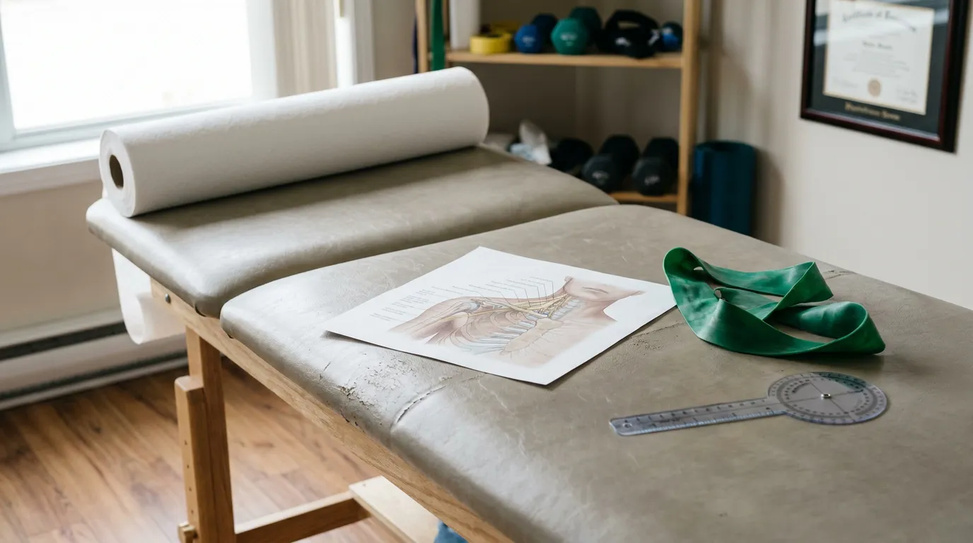 physical therapy treatment table with anatomical diagram, resistance band, and goniometer