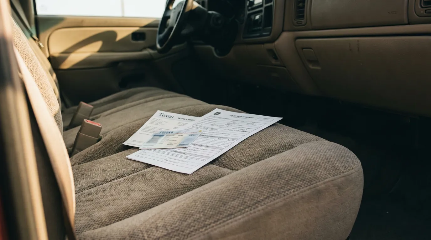 Texas Police Report and Vehicle Docs After Houston Brake Check Accident Texas vehicle deed, insurance card, and police report resting on car seat