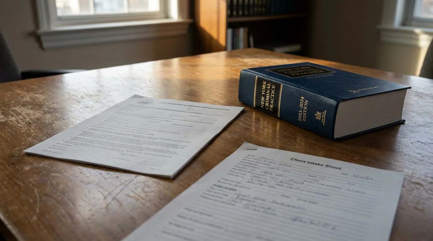Albany Judicial Diversion Drug Felony Client Intake and NY Criminal Practice Book New York Criminal Practice 2023-2024 edition book beside client intake sheet on desk