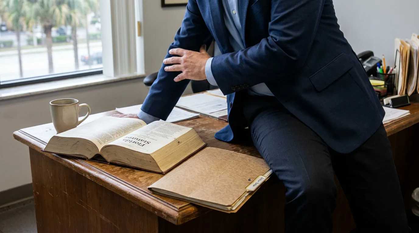 Orlando Car Accident Attorney Reviewing Florida Statutes Seat Belt Defense attorney seated on desk beside open Florida Statutes book and case folder