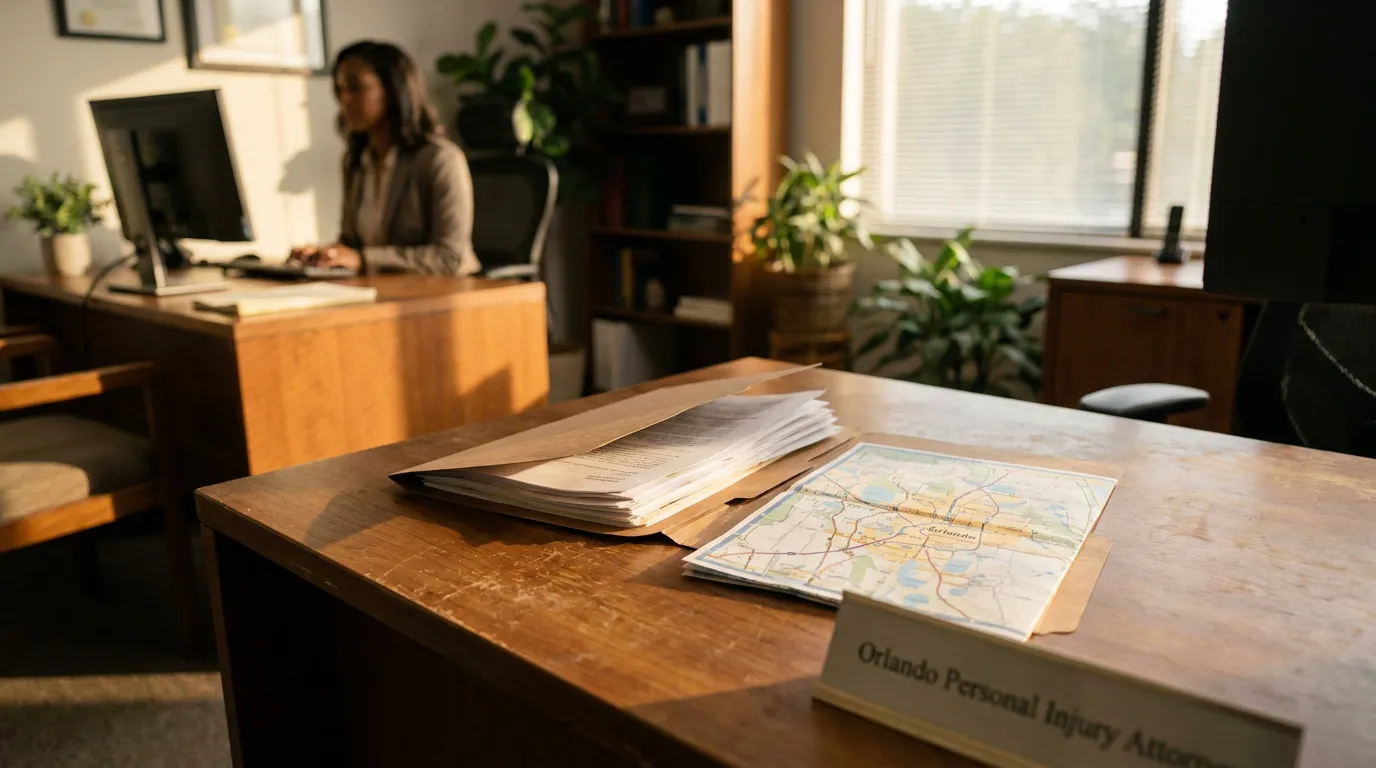 Orlando Personal Injury Attorney Office Road Rash Settlement Orlando Personal Injury Attorney desk with legal documents and Orlando map