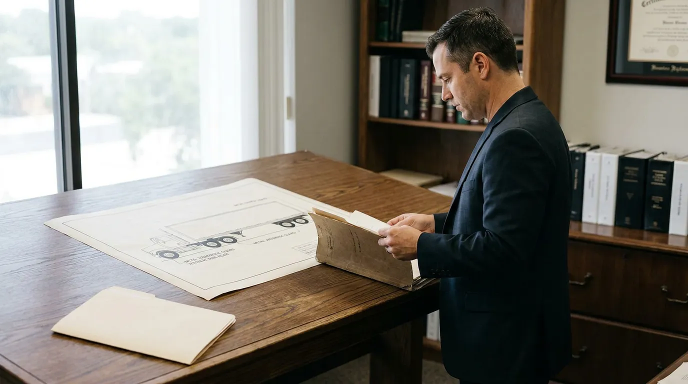 attorney in suit reviewing case file with vehicle diagram spread on office desk
