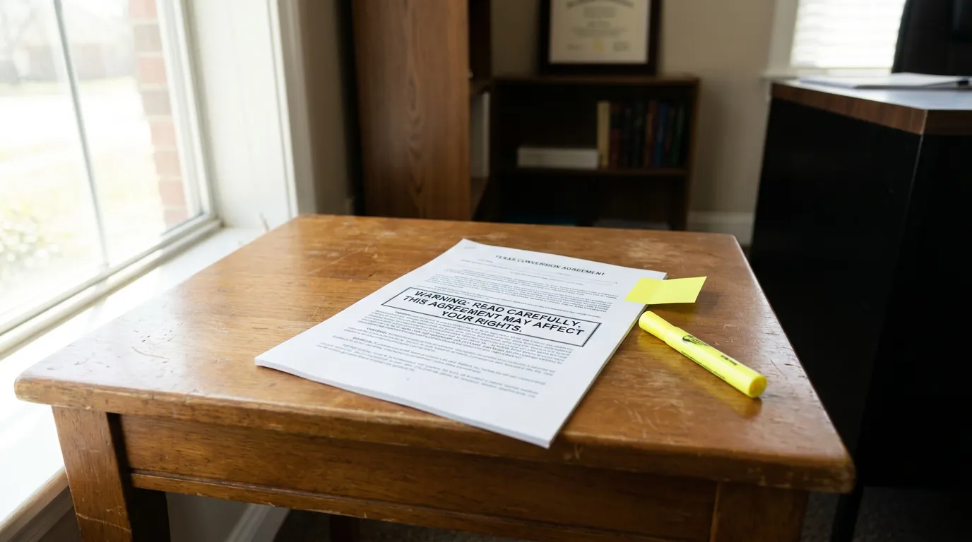 Texas Conversion Agreement document with warning text and highlighter on wooden desk