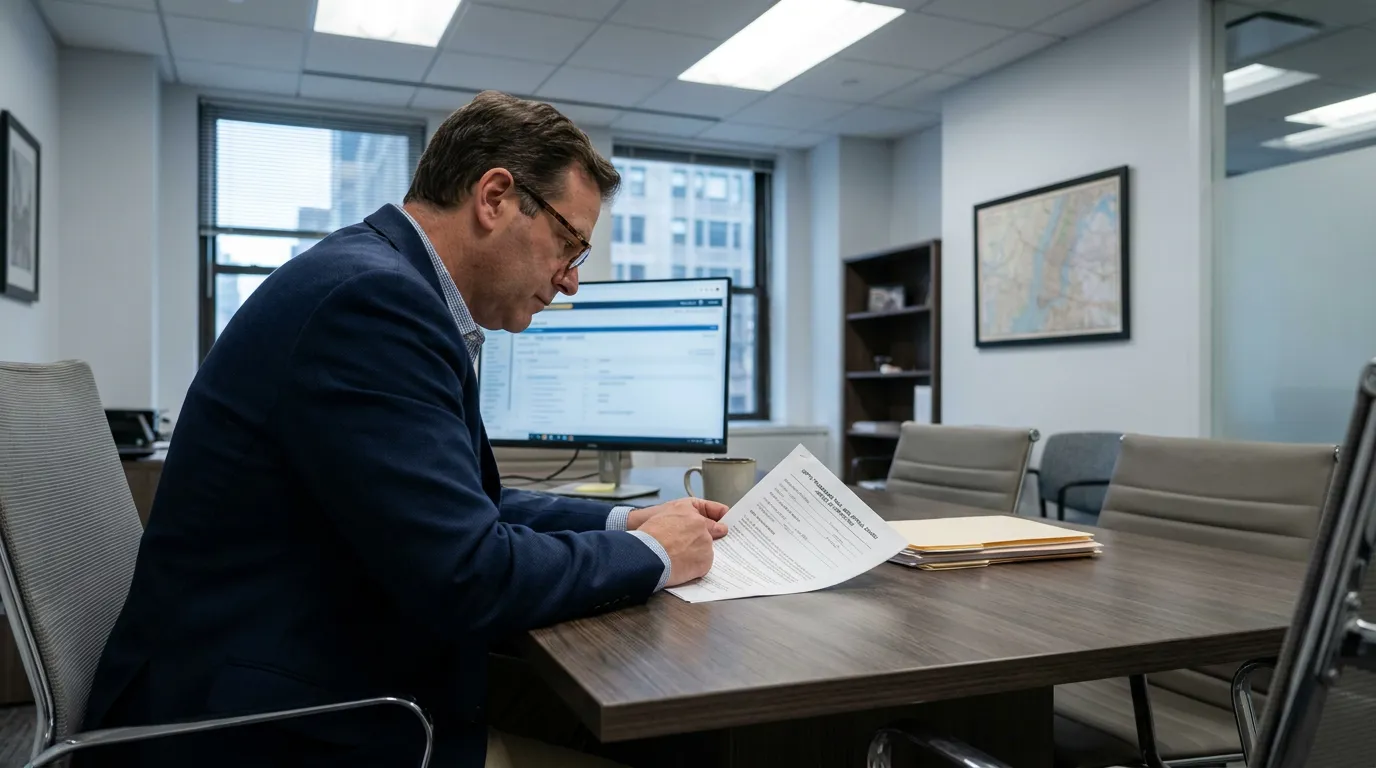 Buffalo Trademark Attorney Reviewing TTAB Opposition Filing Documents attorney in suit reviewing legal documents at conference room table with monitor