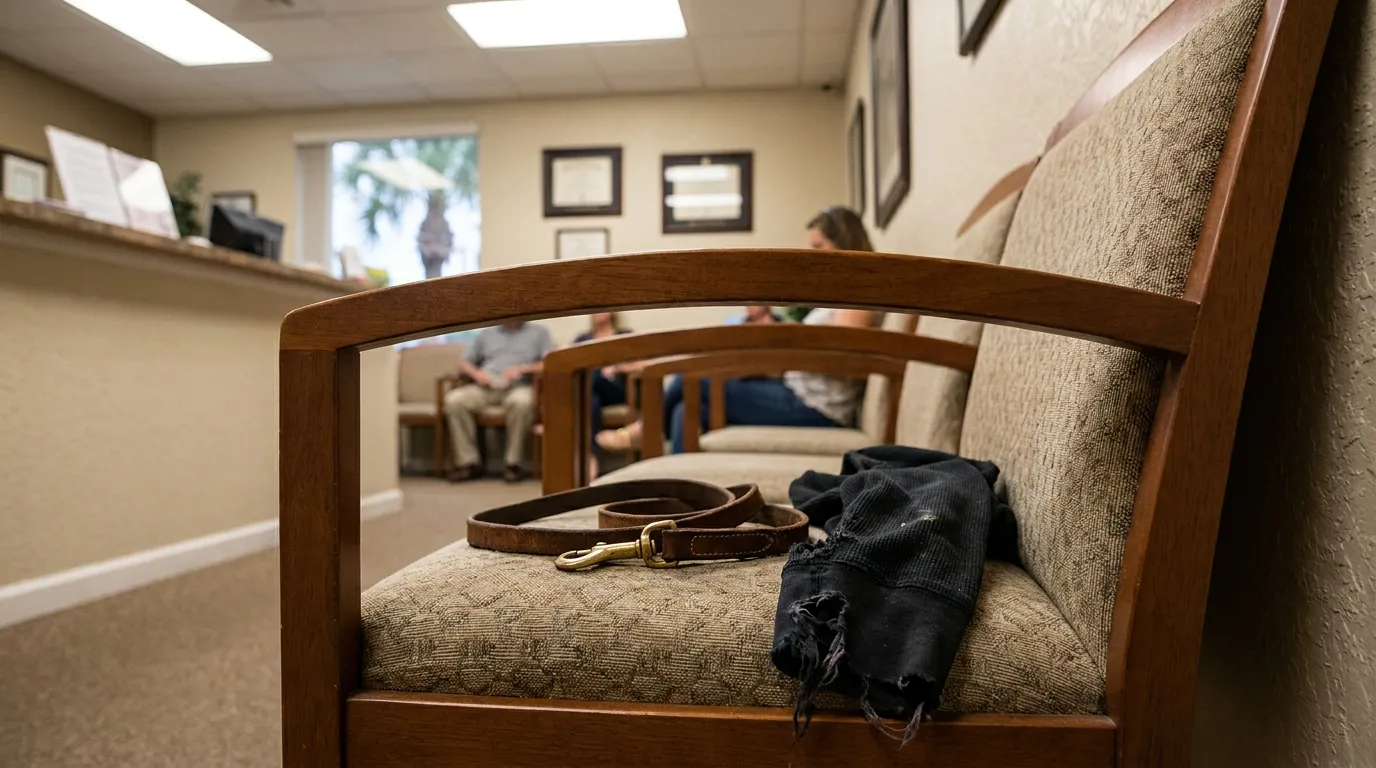 Fort Lauderdale Dog Bite Law Firm Waiting Room With Leash dog leash and torn fabric on waiting room chair with clients seated nearby