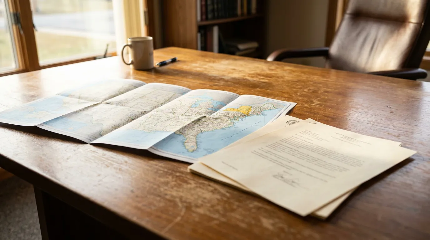 Ancillary Probate Documents and US Map Buffalo New York Attorney folded U.S. map and legal documents spread across wooden office desk