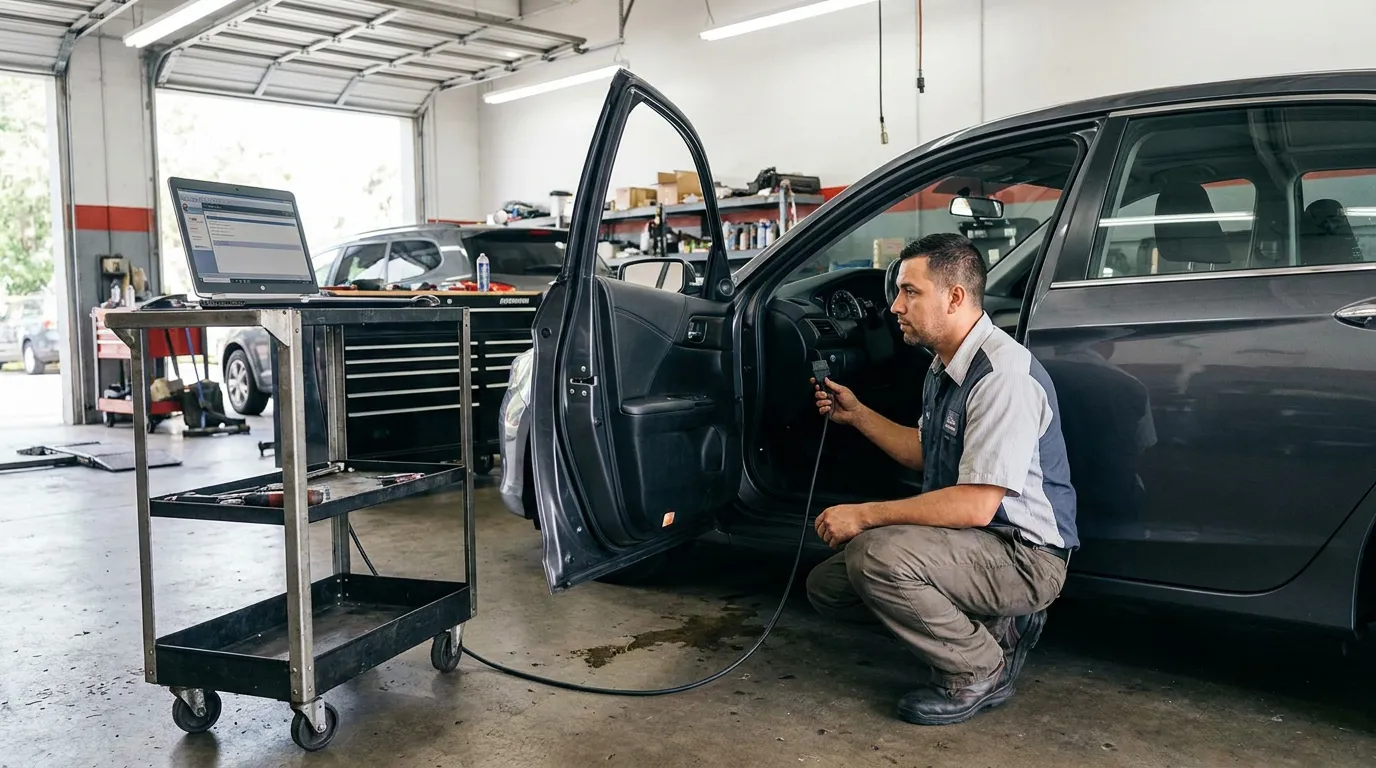 mechanic crouching beside open car door holding diagnostic scanner in auto repair shop