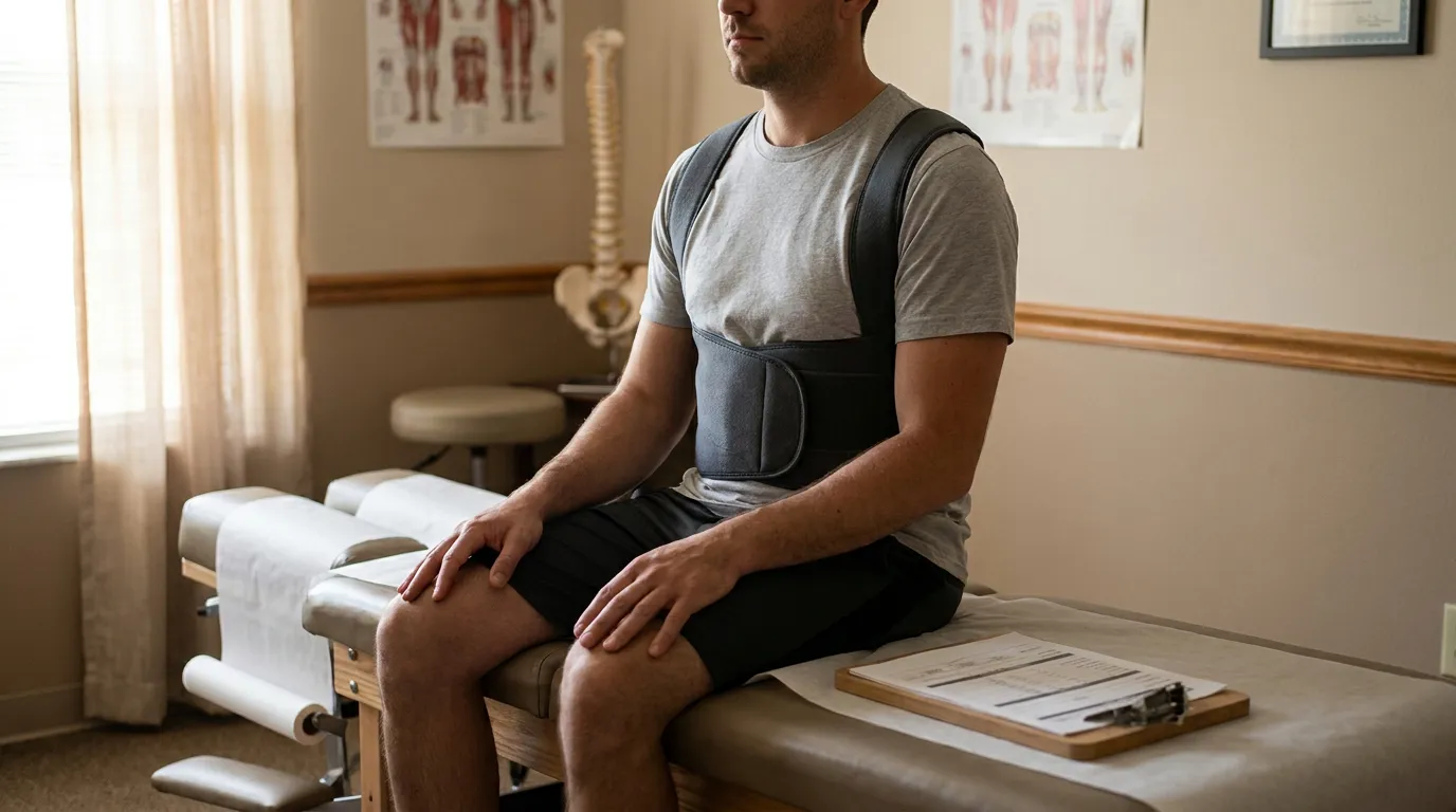 man wearing back brace seated on medical exam table with clipboard nearby