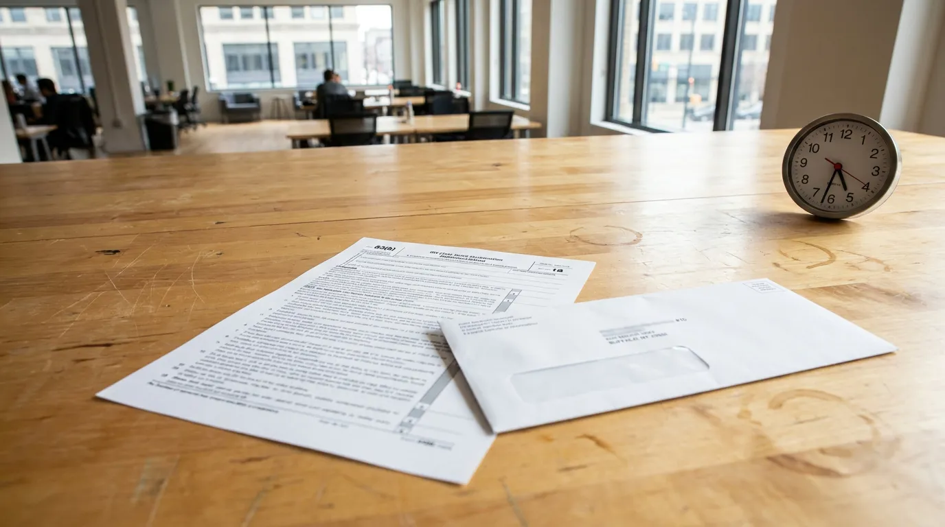 83(b) Election Form and Deadline Clock Buffalo Startup Office IRS 83(b) election form and envelope on wooden desk beside analog clock