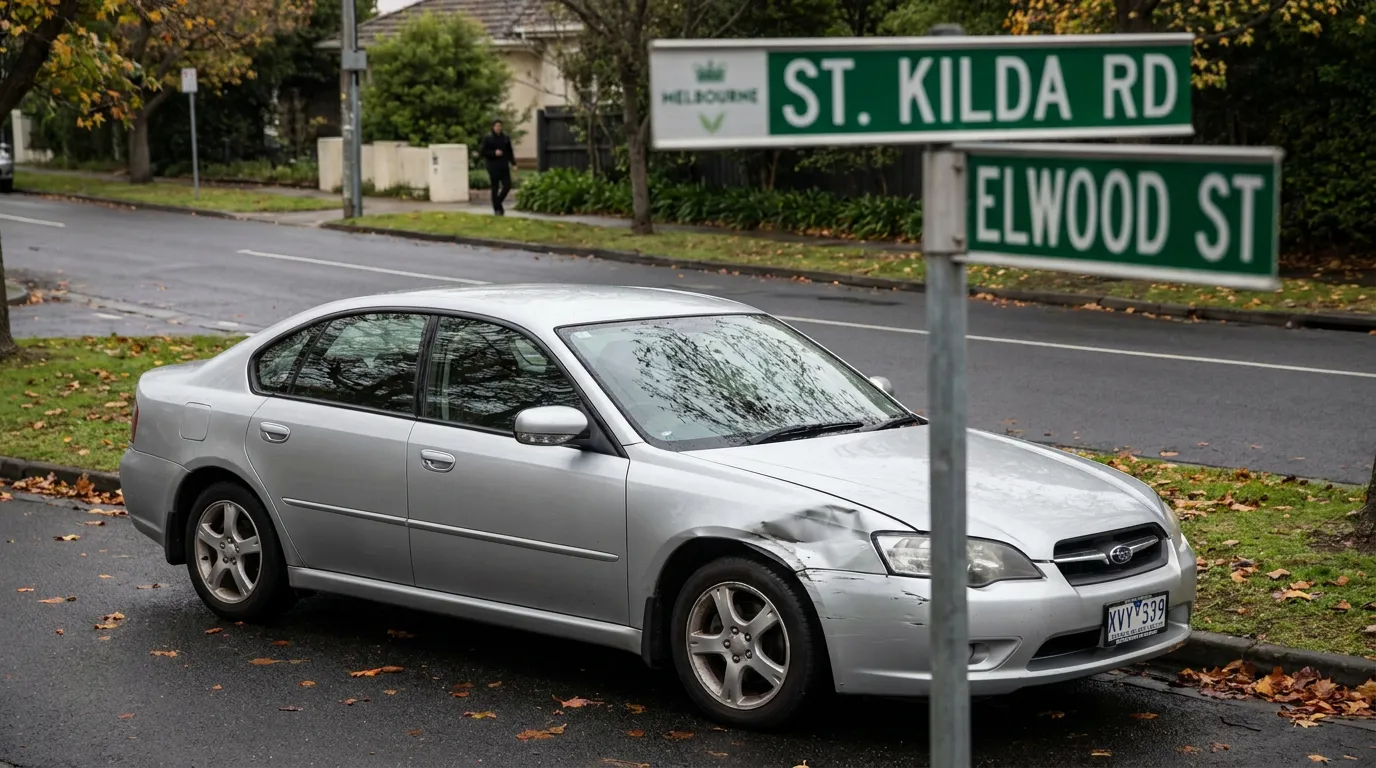 Damaged Car After Accident Melbourne FL CME damaged Subaru sedan parked at St. Kilda Rd and Elwood St Melbourne intersection