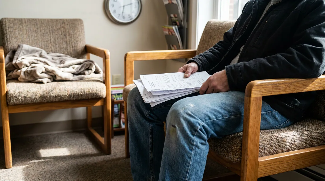 Albany Car Accident Victim Reviewing Medical Records in Waiting Room person seated in waiting room chair holding stack of printed documents